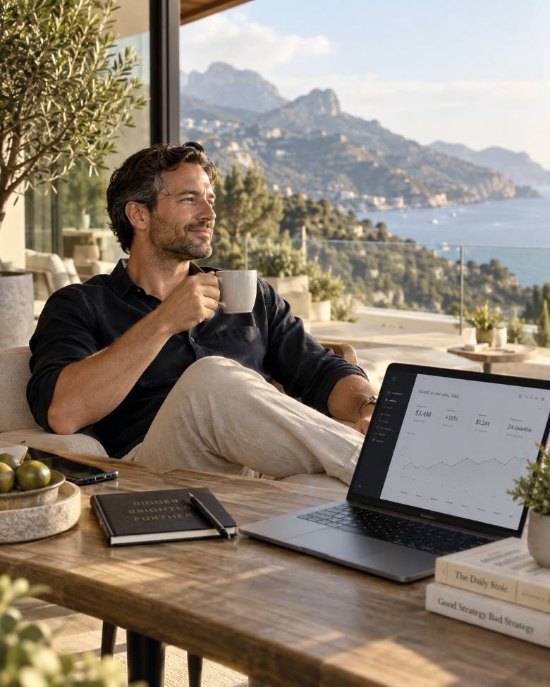 A founder on a terrace, coffee in hand, with his numbers open on the laptop beside him